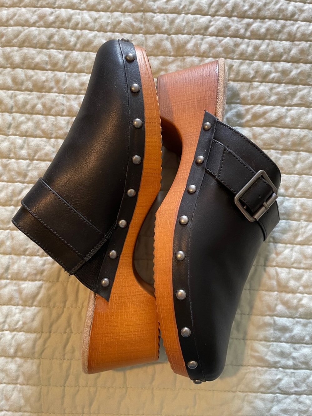 Black Vegan Leather Studded Clog Mules with Wood-Look Sole